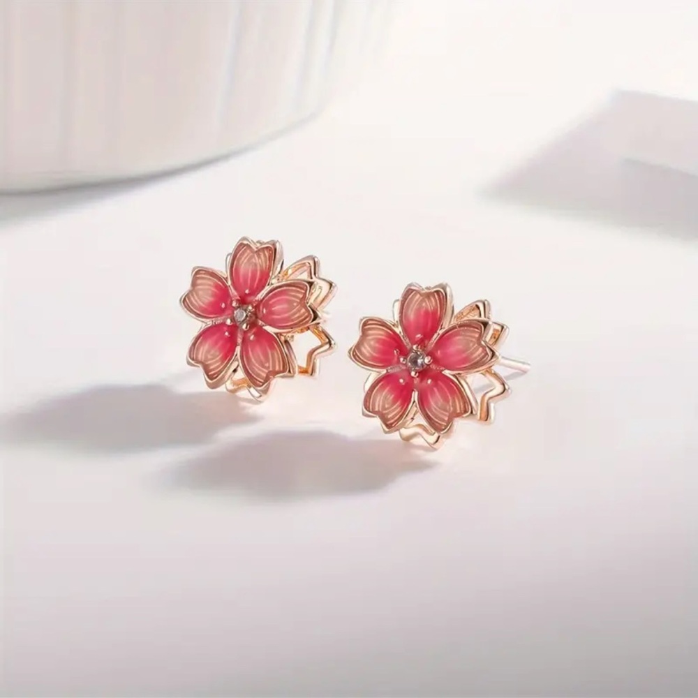 Pink Floral Enamel Stud Earrings Gold Tone Blossom Dainty NWT